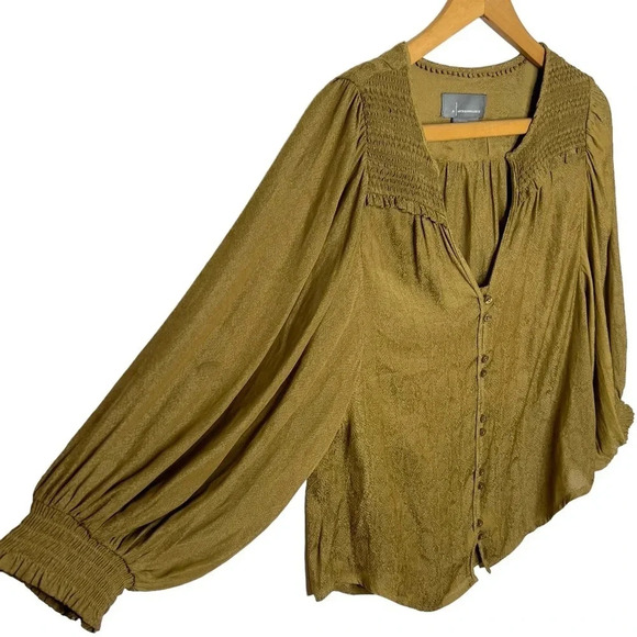 by Anthropologie Cacee Jacquard Reptile Print V Neck Button Down Blouse - Picture 4 of 13